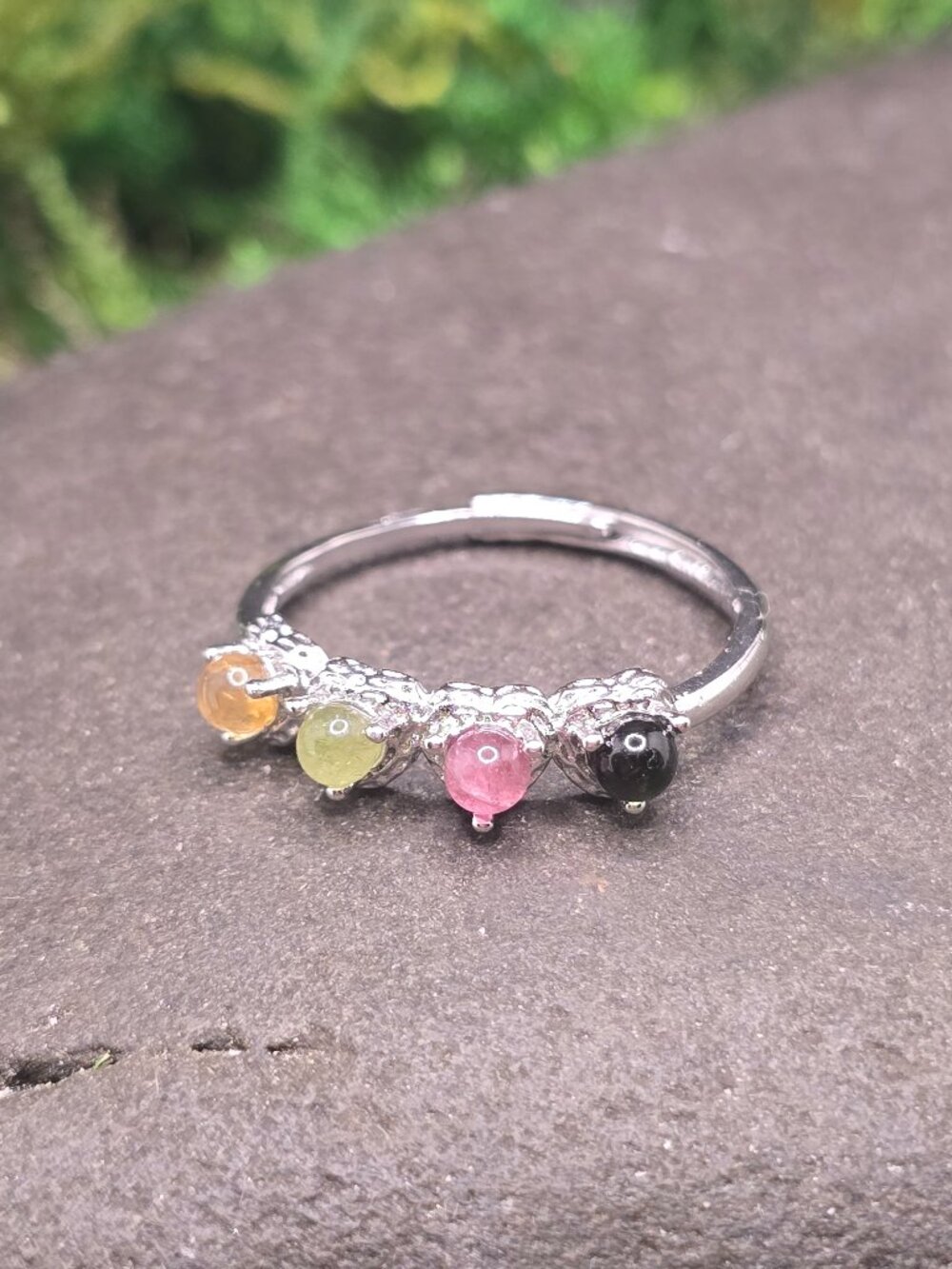 Watermelon Tourmaline Five Stone Adjustable Ring Size 6-10 Silver Tone
